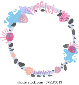round ornament made of shells, frame made of shells, marine ornament.