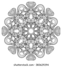 Round ornament, mandala, ethnic decorative element, boho style, zentangle. Black and white. Coloring book for adults and kids. Invitations, flyers, postcards, prints, mugs, t-shirts, textile, wrapping