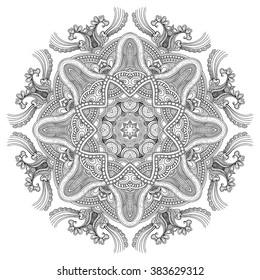 Round ornament, mandala, ethnic decorative element, boho style, zentangle. Black and white. Coloring book for adults and kids. Invitations, flyers, postcards, prints, mugs, t-shirts, textile, wrapping