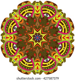  Round ornament, mandala, ethnic decorative element, boho style, zentangle. Islam, Arabic, Indian, ottoman motifs..Vector illustration isolated on white.