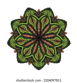 Round ornament. Mandala illustration. Vector design element. Green and brown colors. 