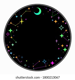round ornament of multi-colored elements with cosmic motives