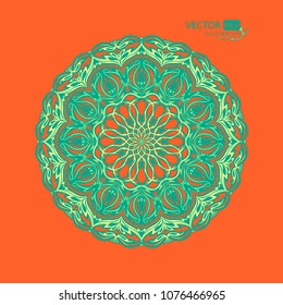 Round ornament on orange background. Mandala. Decorative element. Illustration.