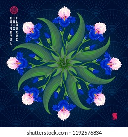 Round ornament with oriental irises on a dark background