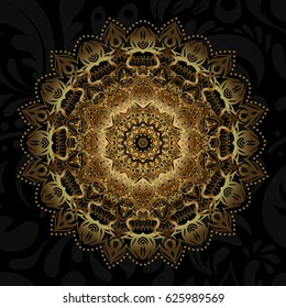 Round Ornament Pattern on a black background. Vector geometric circle elements. Golden Mandala. Spiritual and ritual symbol of Islam, Arabic, Indian religions. Oriental motifs.