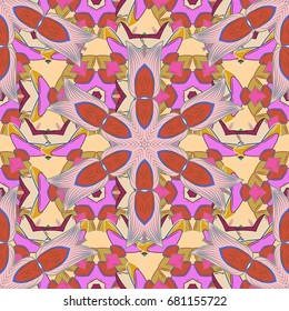 Round Ornament Pattern on a colorful background. Spiritual and ritual symbol of Islam, Arabic, Indian religions. Oriental motifs. Vector geometric circle elements. Colored Mandala.
