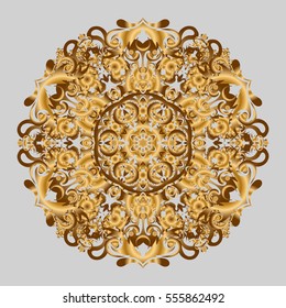 Round Ornament Pattern on a gray background. Spiritual and ritual symbol of Islam, Arabic, Indian religions. Vector geometric circle elements. Golden Mandala. Oriental motifs.