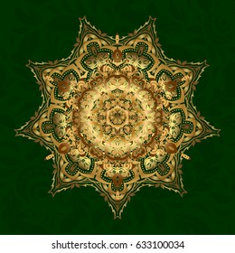 Round Ornament Pattern on a green background. Golden Mandala. Vector geometric circle elements. Oriental motifs. Spiritual and ritual symbol of Islam, Arabic, Indian religions.