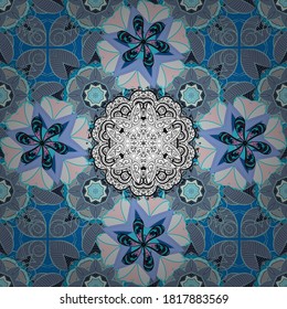 Round Ornament Pattern on a neutral, blue and gray colors. Colored Mandala. Spiritual and ritual symbol of Islam, Arabic, Indian religions. Vector geometric circle elements. Oriental motifs.