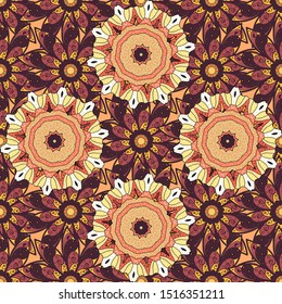 Round Ornament Pattern on a pink, yellow and purple colors. Oriental motifs. Vector geometric circle elements. Spiritual and ritual symbol of Islam, Arabic, Indian religions. Colored Mandala.