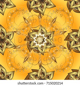 Round Ornament Pattern on a yellow, brown and beige background. Spiritual and ritual symbol of Islam, Arabic, Indian religions. Vector geometric circle elements. Colored Mandala. Oriental motifs.