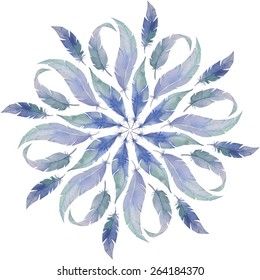 Round Ornament Pattern with  watercolor drawing feathers . Decorative elements with plumes. Hand drawn background.