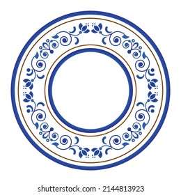 Round ornament. Porcelain frame. Folk print. Decorative floral art border element Russian and Chinese style. Blue and white template for design, ceramic, plate, pottery, Chinaware, boutiques, vector