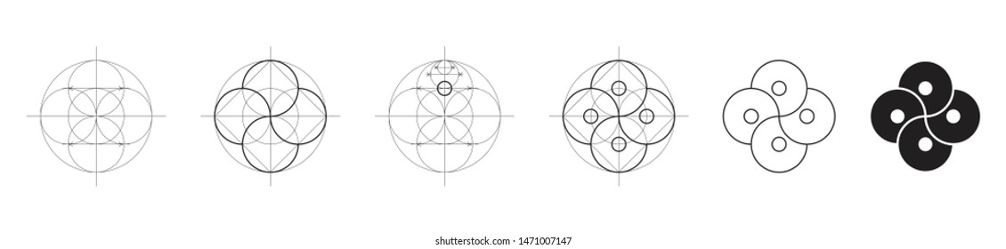 Round ornament scheme. Logo construction. Simple and modern flat design. Technical drawing of icon. Abstract geometry art. How to draw arabesque. Black - white print for cover, card, poster, wallpaper