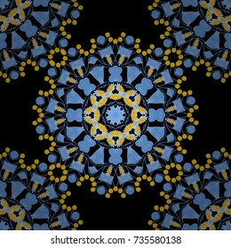 Round Ornament seamless pattern. Geometric circle element made in blue, black and yellow colors. Oriental motifs. Colorful vector Mandala. Arabic, Indian religions.