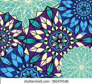 Round ornament seamless pattern for print on fabric or paper. Hand-drawn background. Islam, Arabic, Indian, Ottoman motifs.