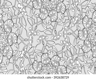 Round ornament seamless pattern for print on fabric or paper. Hand-drawn background. Islam, Arabic, Indian, Ottoman motifs. coloring, for adults