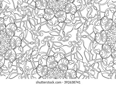 Round ornament seamless pattern for print on fabric or paper. Hand-drawn background. Islam, Arabic, Indian, Ottoman motifs. coloring, for adults