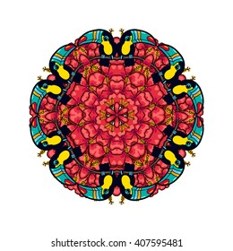 Round ornament style psychedelic 60s of bright tropical plant and animal cells, and toucan hibiscus. Eco mandala suitable for bio,  jungle prints on T-shirts, bags, soap, wedding invitations, tattoo.