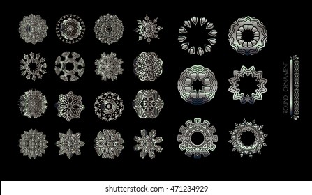 Round ornament tribal ethnic pattern. Silver Mandala set. Metallic steel pattern mandalas