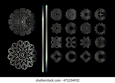 Round ornament tribal ethnic pattern. Silver Mandala set. Metallic steel pattern mandalas
