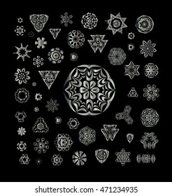 Round ornament tribal ethnic pattern. Silver Mandala set. Metallic steel pattern mandalas