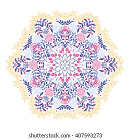 Round ornament vintage floral mandala. The esoteric symbol on a white background. Om sign in the eastern style, Indian ethnic ornament.