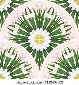 Round ornament with white tulips. Vector seamless background