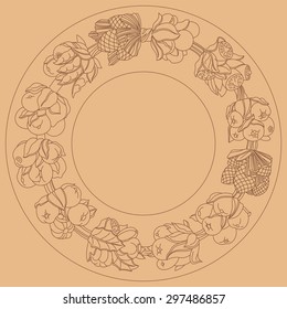 Round ornament, wreath made of hand drawn leaves and fruits. Horn of plenty. Fruits and vegetables arranged on a circle. Vector medallion