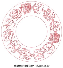 Round ornament, wreath made of hand drawn leaves and fruits. Horn of plenty. Fruits and vegetables arranged on a circle. Vector medallion