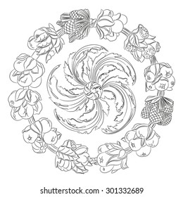 Round ornament, wreath made of hand drawn leaves and fruits. Horn of plenty. Outline fruits and vegetables arranged on a circle. Vector medallion