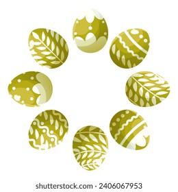 Round ornament, wreath of painted green Easter eggs. Round frame with empty space for text. Composition on white background for greeting cards, posters, banners, invitations and social media posts
