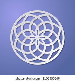 Round ornamental 3d cutout decoration with shadow. Simple mandala circular pattern laser cutting template. Wedding invitation or greeting card design. Vector illustration