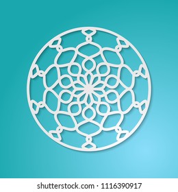 Round ornamental 3d cutout decoration with shadow. Simple mandala circular pattern laser cutting template. Invitation or greeting card design element. Vector illustration