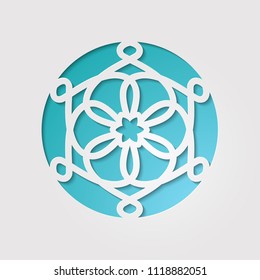 Round ornamental 3d cutout decoration with shadow. Simple mandala circular pattern laser cutting template. Wedding invitation or greeting card design. Vector illustration