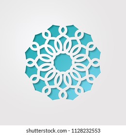 Round ornamental 3d cutout decoration with shadow. Simple mandala circular pattern laser cutting template. Wedding invitation or greeting card design. Vector illustration