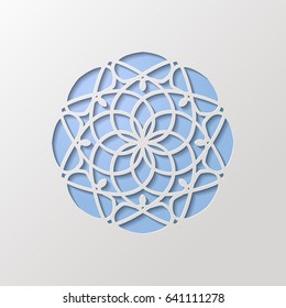 Round ornamental 3d cutout decoration with shadow. Simple mandala circular pattern laser cutting template. Wedding invitation or greeting card design. Vector illustration 