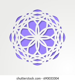 Round ornamental 3d cutout decoration with shadow. Simple mandala circular pattern laser cutting template. Wedding invitation or greeting card design. Vector illustration 