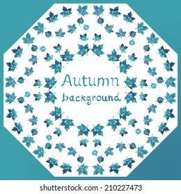 Round ornamental background with blue watercolor leaves. Abstract. Bright contrast colors. Vector image. 