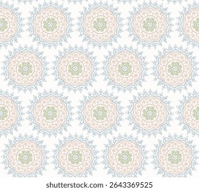 round ornamental block print with blue and beige summer snowflake mandala pattern on white background.