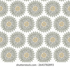 round ornamental block print with dark grey and yellow christmas snowflake mandala pattern on white background.