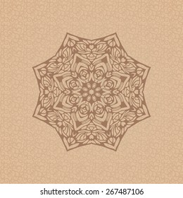 Round ornamental element over seamless pattern on the coffee-colored background. Vintage decorative vector element for wrapping, label, menu, invitations, greeting cards and others. 
