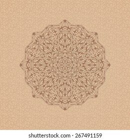 Round ornamental element over seamless pattern on the coffee-colored background. Vintage decorative vector element for wrapping, label, menu, invitations, greeting cards and others. 