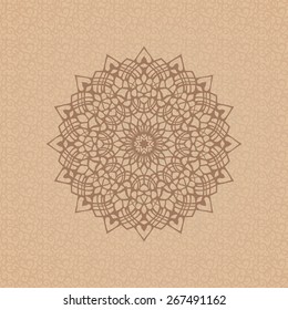 Round ornamental element over seamless pattern on the coffee-colored background. Vintage decorative vector element for wrapping, label, menu, invitations, greeting cards and others. 