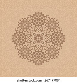 Round ornamental element over seamless pattern on the coffee-colored background. Vintage decorative vector element for wrapping, label, menu, invitations, greeting cards and others. 
