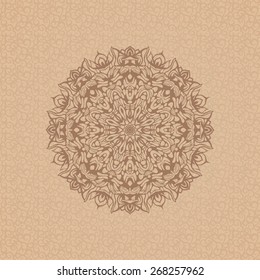 Round ornamental element over seamless pattern on the coffee-colored background. Vintage decorative vector element for wrapping, label, menu, invitations, greeting cards and others. 