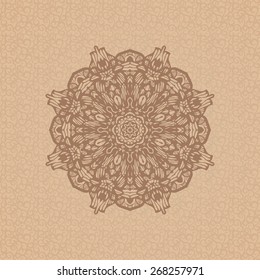Round ornamental element over seamless pattern on the coffee-colored background. Vintage decorative vector element for wrapping, label, menu, invitations, greeting cards and others. 