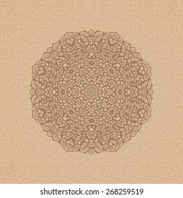 Round ornamental element over seamless pattern on the coffee-colored background. Vintage decorative vector element for wrapping, label, menu, invitations, greeting cards and others. 