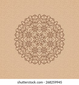 Round ornamental element over seamless pattern on the coffee-colored background. Vintage decorative vector element for wrapping, label, menu, invitations, greeting cards and others. 