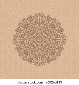 Round ornamental element over seamless pattern on the coffee-colored background. Vintage decorative vector element for wrapping, label, menu, invitations, greeting cards and others. 